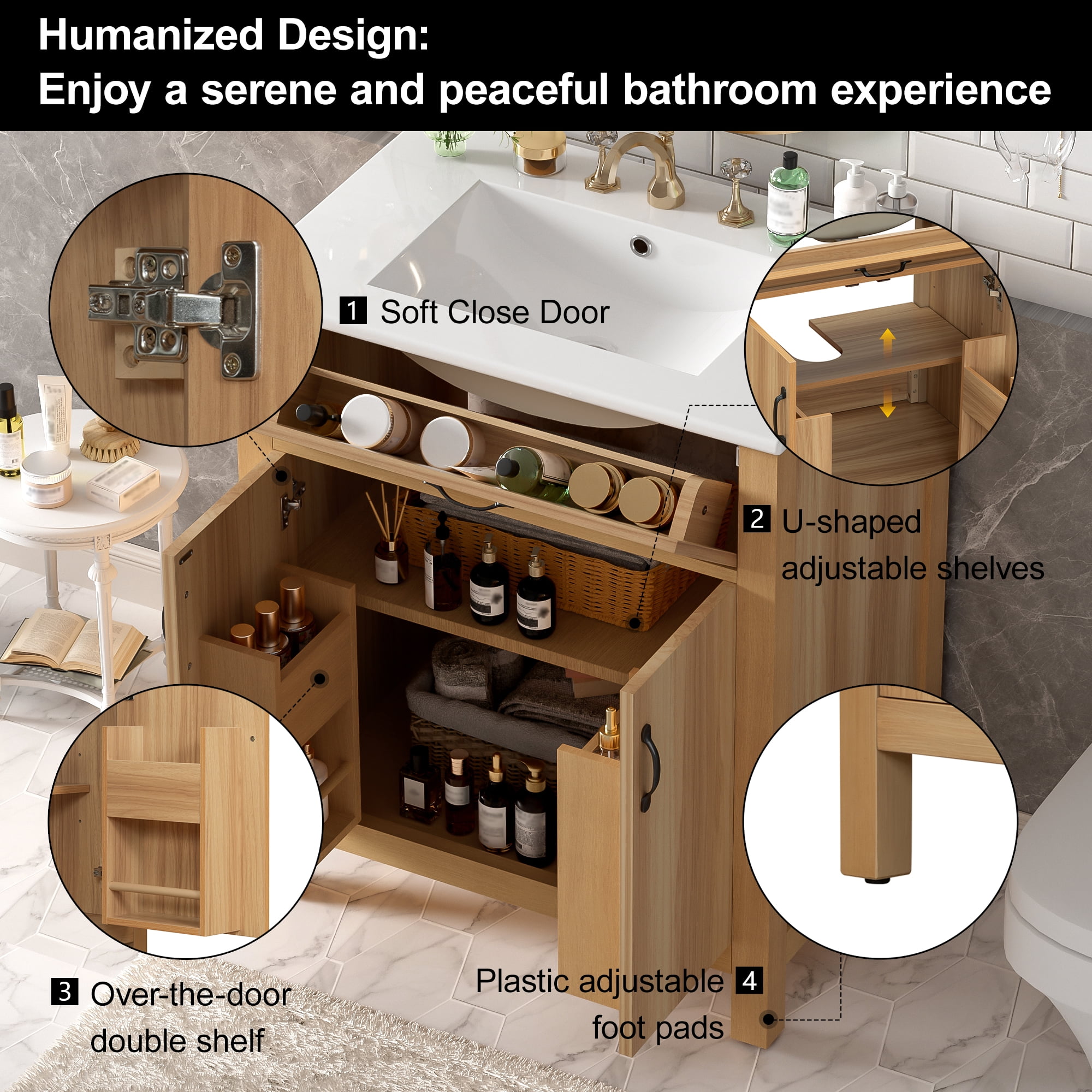 Euroco 30" Wood Bathroom Vanity with Solid Wood Frame, 2 Soft Close Doors,1 Flip Drawer, Adjustable Shelf, Modern Storage Cabinet