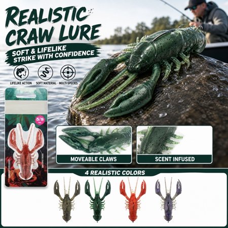 QLUEWX 4PCS Realistic Crawfish Soft Fishing Lures Sinking Hollow Craw Artificial Baits Freshwater Saltwater Fishing Tackle Gift for Fishing Enthusiasts