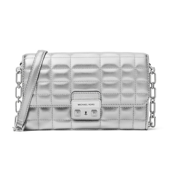 Michael Kors Tribeca Large Leather Wallet Chain Crossbody, Silver