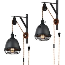 Industrial Adjustable Pulley System 2-Light Sand Black Iron Plug-in Wall Sconces with Cage 2 Count