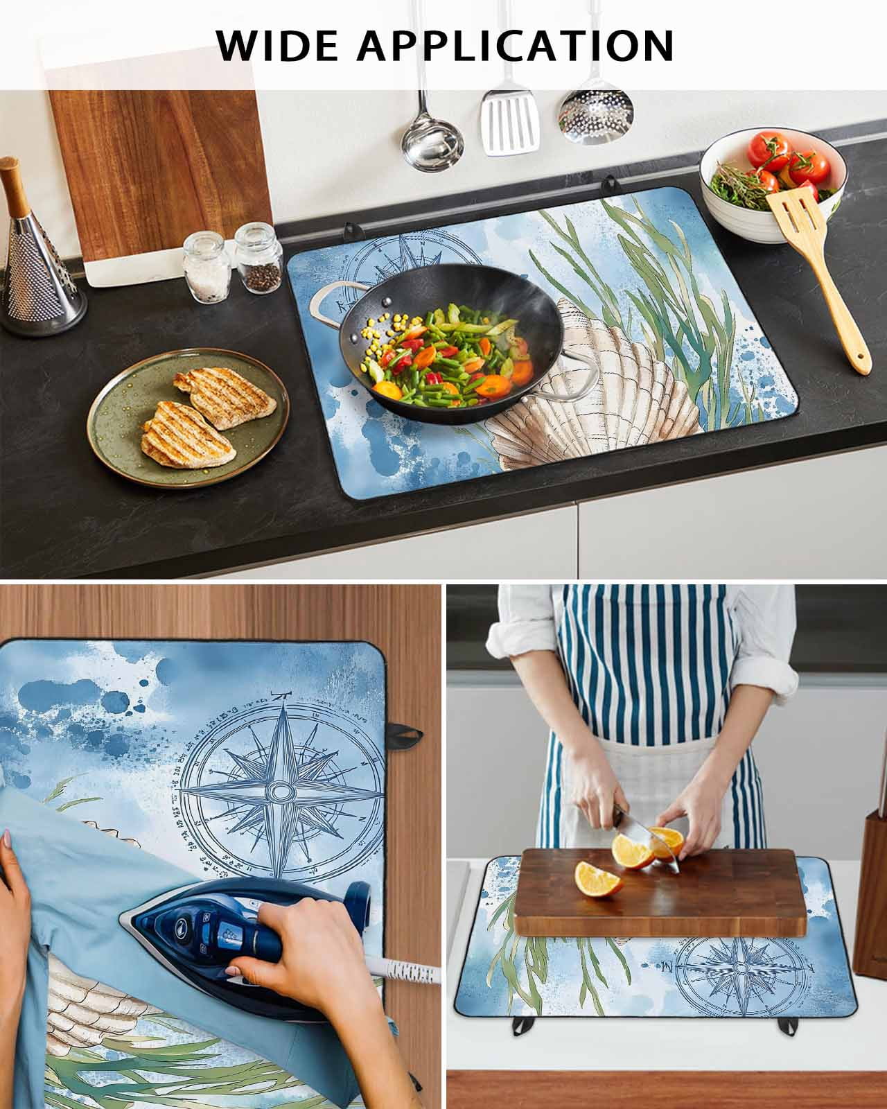 nqOlkjepod Large Induction Cooktop Protector Mat 31"x24", Coastal Nautical Stove Top Covers for Electric Stove, Summer Ocean Shell Seaweed Decorative Stove Burner Cover Mats, Glass Top Stove Cover
