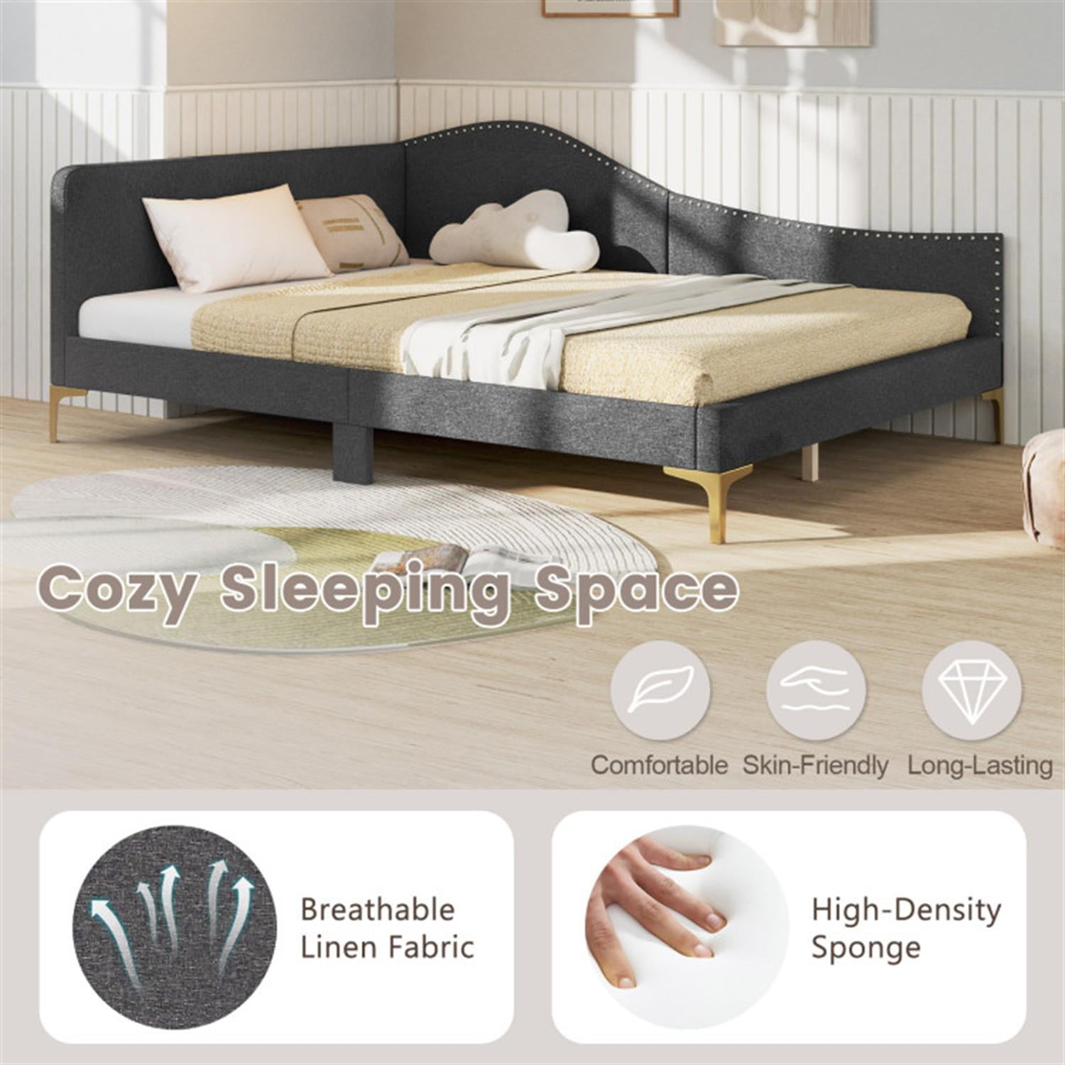 Demi Bonn Full Size Rivet-Tufted Daybed with Metal Legs and Wood Slats, Platform Bed Frame for Living Room, Bedroom and Guest Room, Gray