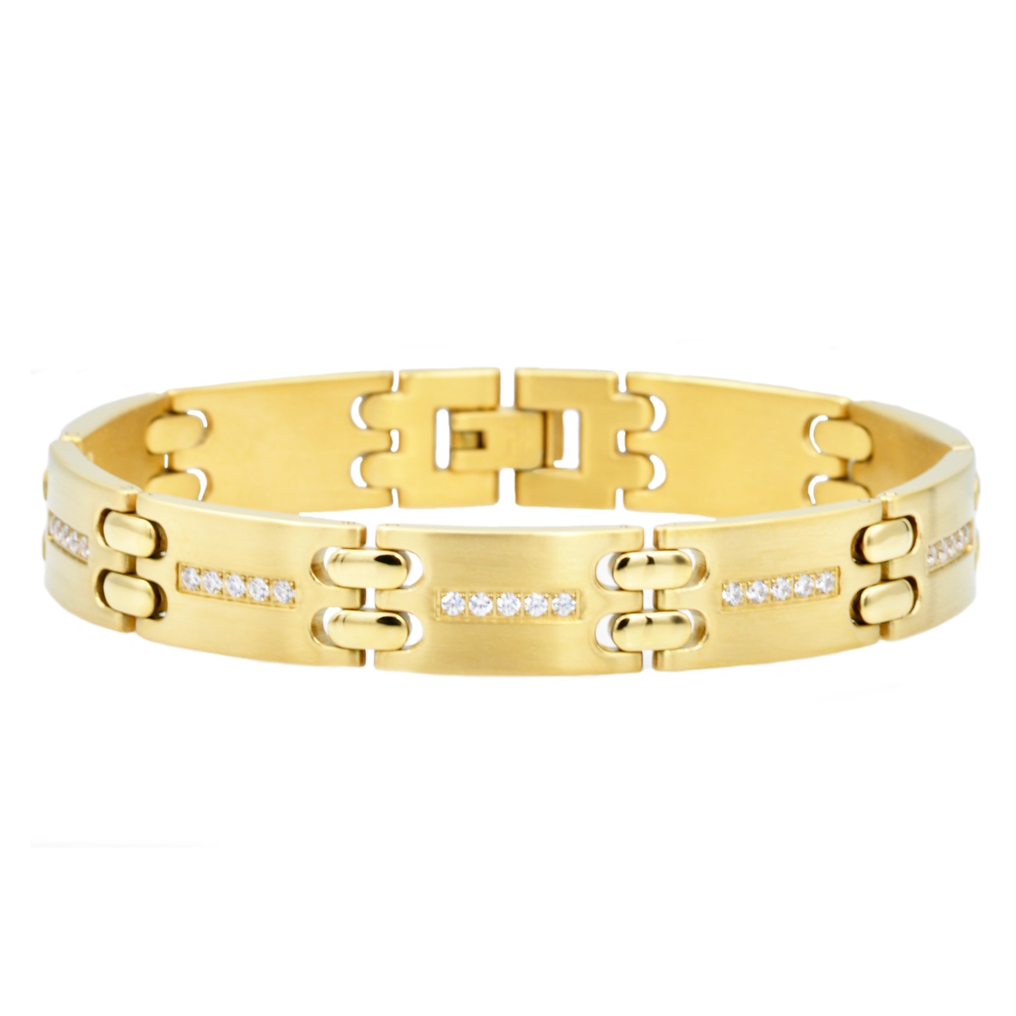 Arista Cubic Zirconia Diamonds Men's Bracelet in Gold Plated Stainless Steel, 8.5"