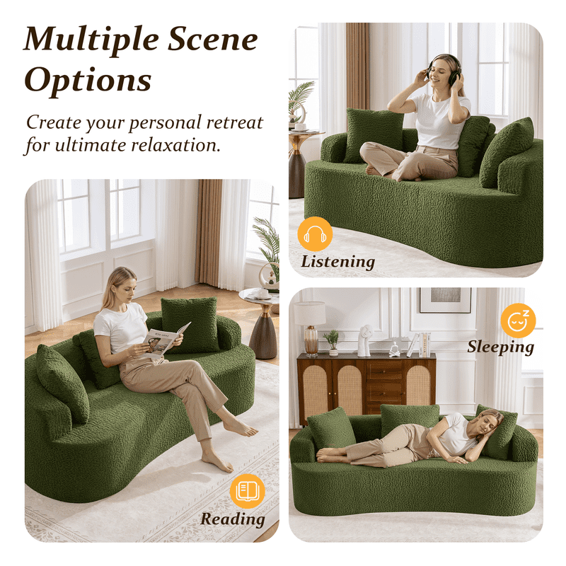 ATHOPE 86" Curved Cloud Couch, Boneless Sofa for Small Space, Plush Teddy Fabric Modern Couch with 3 Throw Pillows, Comfy Floor Love Seat for Living Room, Bedroom, Green