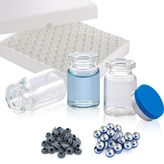 100 Pack 5ml Glass Vials, Clear Glass Headspace Vials with Plastic-Aluminum Flip Off Caps and Rubber Stoppers, 20mm Transparent Flat Bottom Lab Crimp Top Vial for Injection