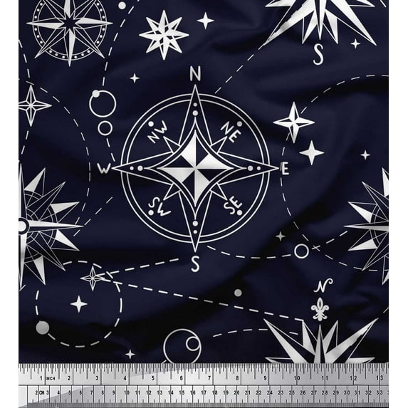 Soimoi Blue Japan Crepe Satin Fabric Direction Compass Nautical Decor Fabric Printed Yard 42 Inch Wide