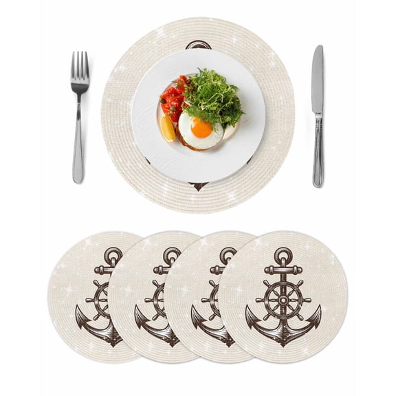 Nautical Anchor Round 15 Inch Placemats Set of 4, Vintage Coastal Rudder Farmhouse Beige HeatResistant Non Slip Place Mats for Dining Table, Wipeable Braided Kitchen Table Mats for Housewarming