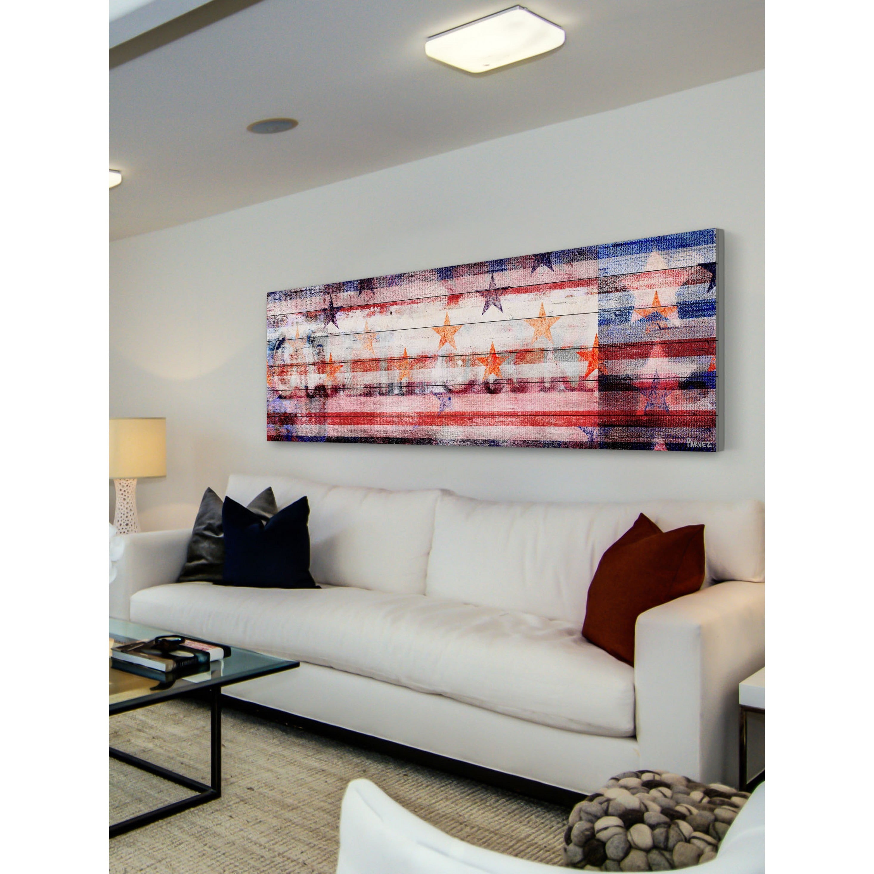 Parvez Taj  - "Behind the Stripes" Print on White Wood - Multi-Color Multi 45 x 15