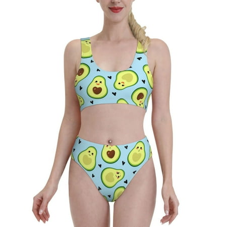 Bixox Avocado and Hearts Pattern Two-Piece Sports Bikini with U-Shaped Top and High-Waist Bottom - Women s Swimwear with Removable Bra Pads