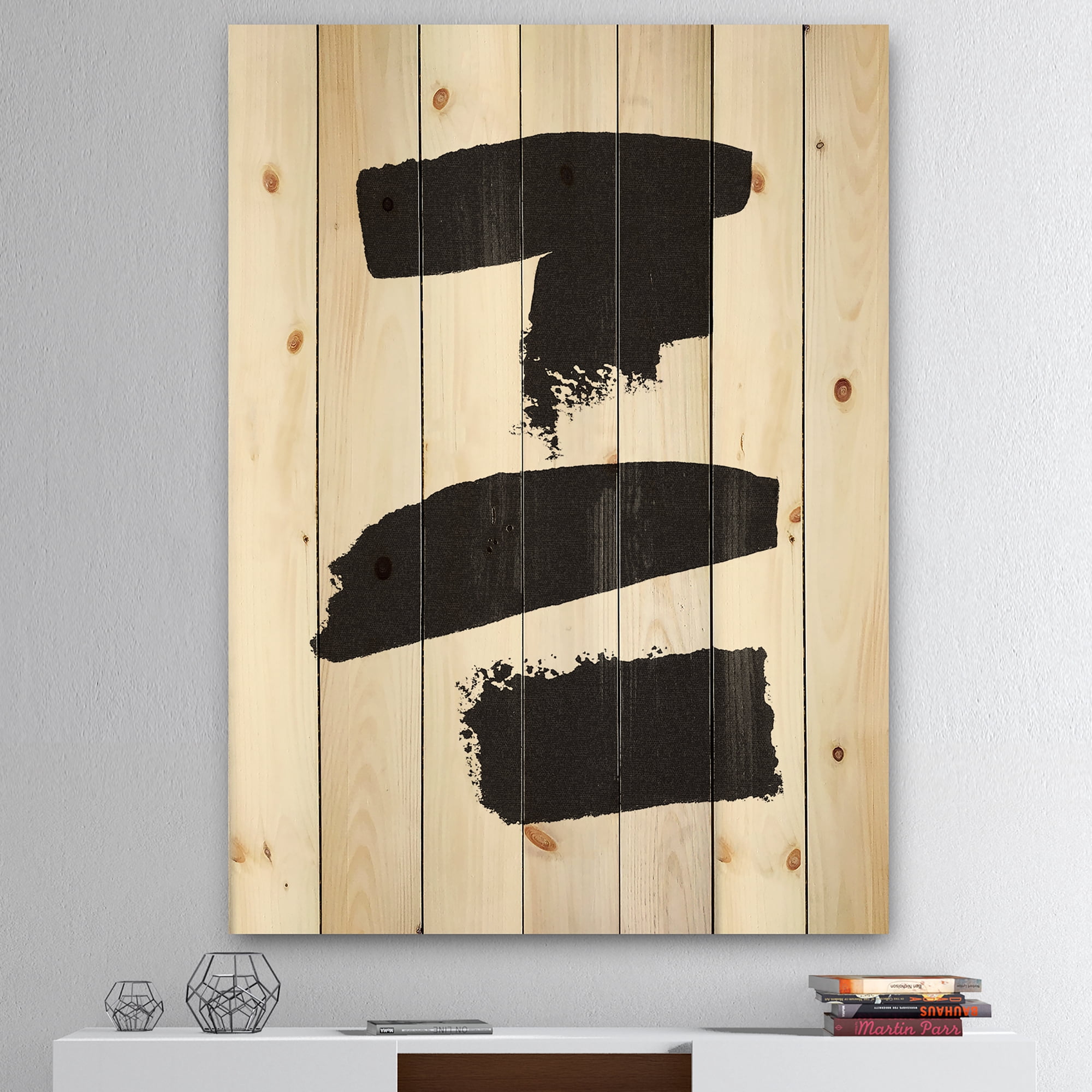 Designart 'Black and White Geometric Company I' Mid-Century Modern Print on Natural Pine Wood