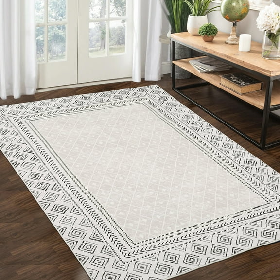CAROMIO 9' x 12' Area Rug for Living Room Bordered Vintage Check Rug Non Slip Throw Rugs Geometrical Bedroom Rug, Beige/Gray