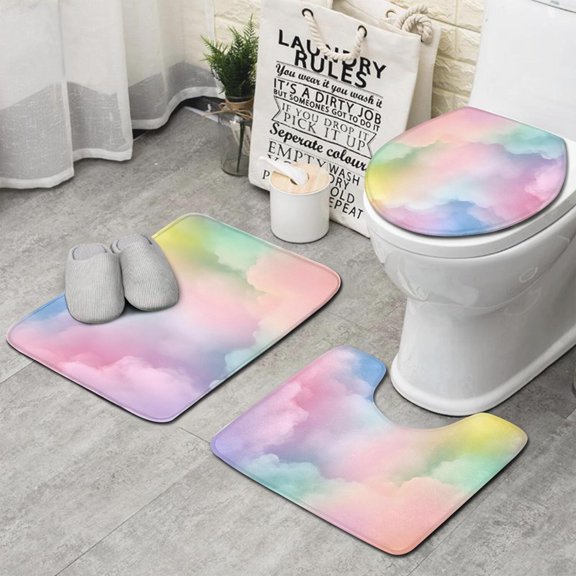 Dreamy Pastel Sky Bathroom Rugs Sets 3 Piece,Toilet Cover Set,Absorbent Non Slip Bathroom Mats Sets with U-Shaped Contour Rug Toilet Rug Set