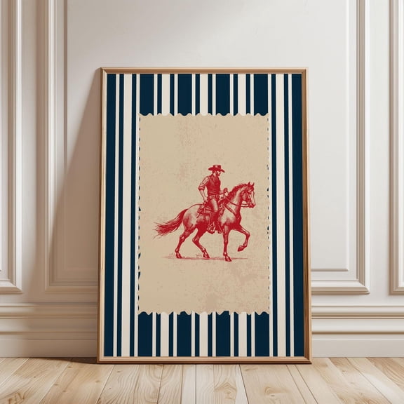 Physical Poster - Vintage Striped Rodeo Poster Western Bedroom Poster Cowboy Wall Art Red Navy Rustic Mid West Mid Century Retro Horse Poster, Unframed Poster Size 8x12