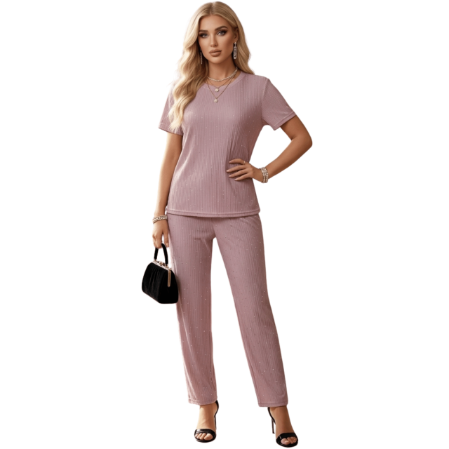 Conjunto Elegante de 2 Piezas con Brillo, Blusa y Pantalón Sofisticado, Estilo Chic para Mujer