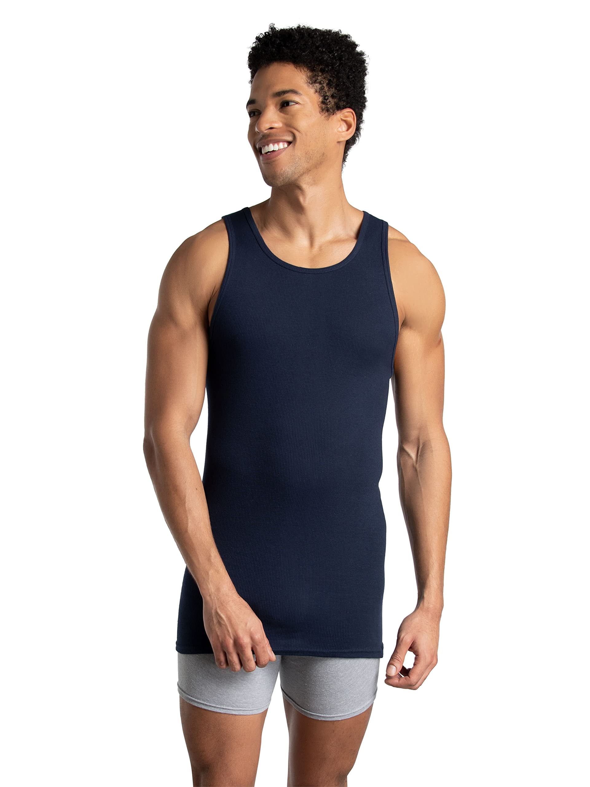 Fruit of the Loom Men's Sleeveless Tank A-Shirt, Tag Free & Moisture Wicking, Ribbed Stretch Fabric, 6 Pack-Assorted Colors, Medium