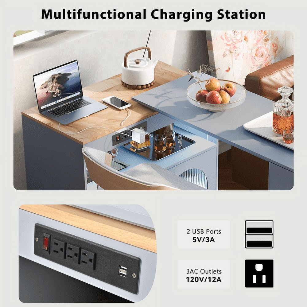 Rolling Kitchen Island With Extended Table, Kitchen Island on Wheels with LED Lights,Power Outlets and 2 Fluted Glass Doors, Kitchen Island with a Storage Compartment and Side 3 Open Shelves, Grey