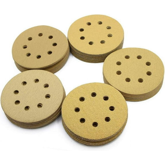 5" 8 Hole Hook and Loop Sanding Discs 600 Grit Aluminum Oxide Sandpaper for Random Orbit Sander Auto Wet and Dry Polishing Gold 10pcs