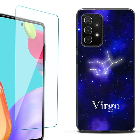 Slim-Fit Flexible TPU Gel Phone Case (black) for Samsung Galaxy A52 5G, with Tempered Glass Screen Protector, by OneToughShield ® - Zodiac / Virgo