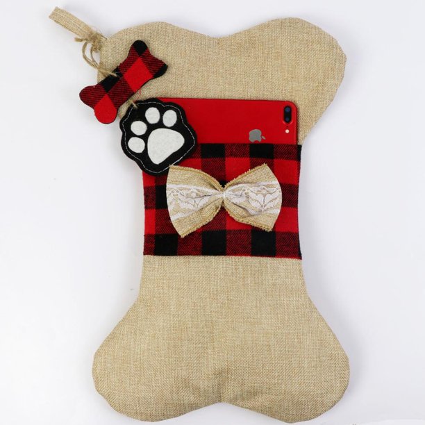 OurWarm Pet Christmas Stockings Buffalo Plaid Puppy Dog Stocking Cotton and Burlap Bone Christmas Gift Bags for Dog 42cm*26cm
