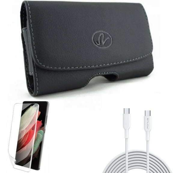 Matte Screen Protector w 6ft Long Type-C Cable w Case Belt Clip for Samsung Galaxy S21 Plus - TPU Film Anti-Glare, PD Fast Charger Cord Power, Leather Swivel Accessory Bundle