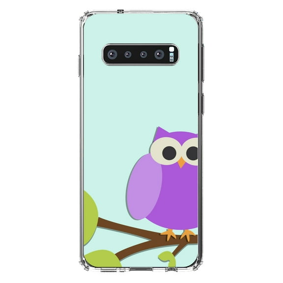 DistinctInk Clear Shockproof Hybrid Case for Samsung Galaxy S10  PLUS(6.4" Screen) - TPU Bumper, Acrylic Back, Tempered Glass Screen Protector - Purple Owl Cartoon - Cartoon Owls