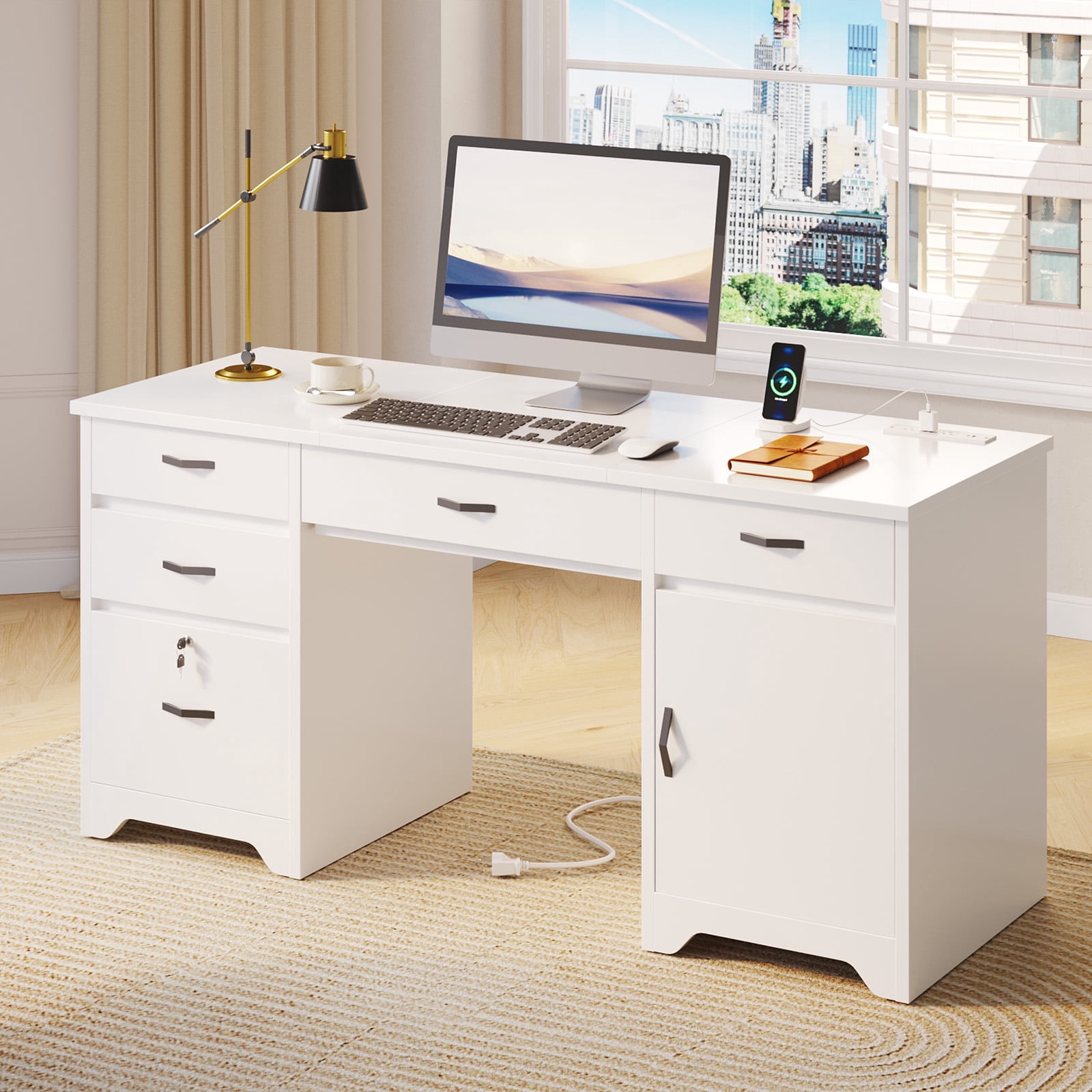 Bestier Computer Desk with 5 Drawers, 59'' Office Desk with Storage, Modern Executive Desk with File Drawers and Storage Cabinets, Charging station, Keyboard Tray, Suitable for Study& Bedrooms White