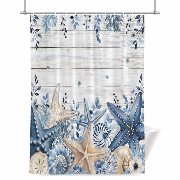 Coastal Shower Curtain, Ocean Blue Beige Starfish Shells Leaves Grey Wooden Waterproof Shower Curtain Set with 12 Hooks Lightweight Bath Curtains Fabric Bathroom Decor 72x84 Inches