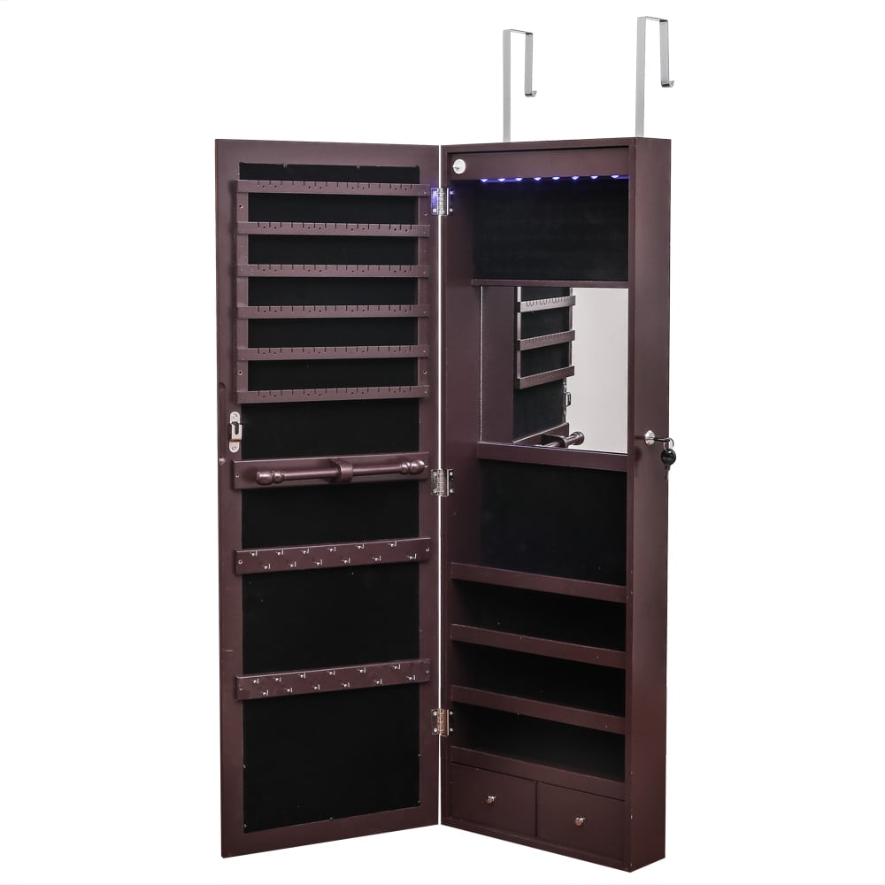 Kepooman Full Mirror Wooden Wall Mounted 4-Layer Shelf 2 Drawers With Inner Mirror 8 Blue Led Light Jewelry Storage Mirror Cabinet - Dark Brown Kepooman Full Mirror Wooden Wall Mounted 4-Layer Shelf 2 Drawers With Inner Mirror 8 Blue Led Light Jewelry Storage Mirror Cabinet - Dark Brown