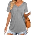 thumbnail image 3 of HUBERY Women Solid Color V Neck Front Buttons Short Sleeve T-Shirt, 3 of 6