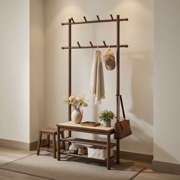 Demi Bonn 3-In-1 Bamboo Hall Tree, Coat Rack with Shoe Bench & 11 Hooks, PE Rattan, Brown