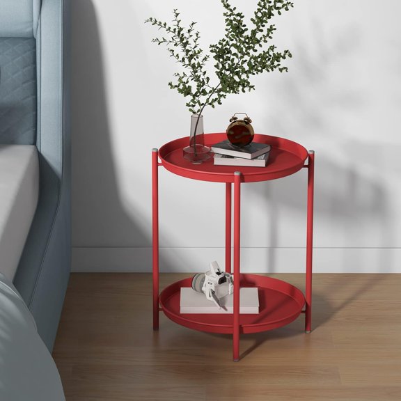 SSyao 2-Tier End Table, Round Metal Side Table with Removable Tray, Small Storage Side Table Outdoor and Indoor, Modern Accent Table Nightstand for Living Room Bedroom Balcony Patio, Red