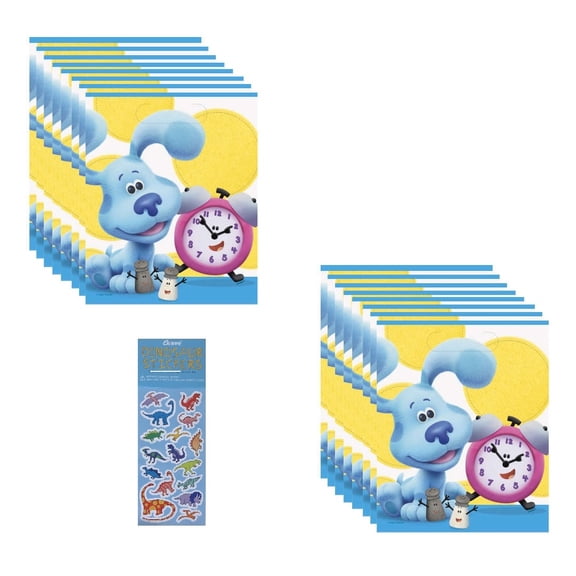 Blue's Clue's Birthday Baby Shower Party Supplies Bundle includes 16 Party Favor Loot Bags and 1 Dinosaur Sticker Sheet