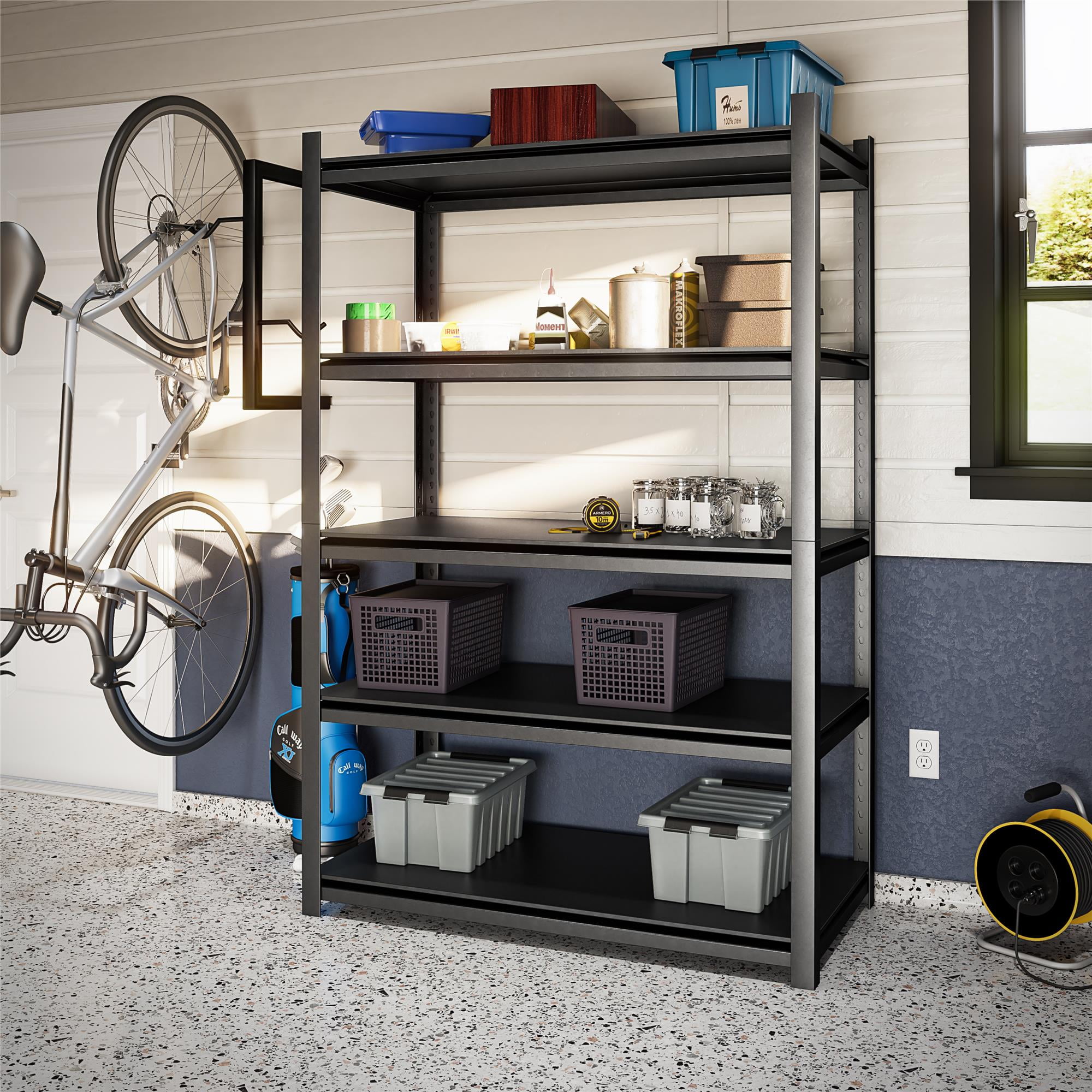 Systembuild Evolution Nebula 5-Shelf Toolless Steel Garage Storage Shelving, 72"H x 48" W x 24"D, 4,000lb Capacity, Pewter Gray with Black Shelves