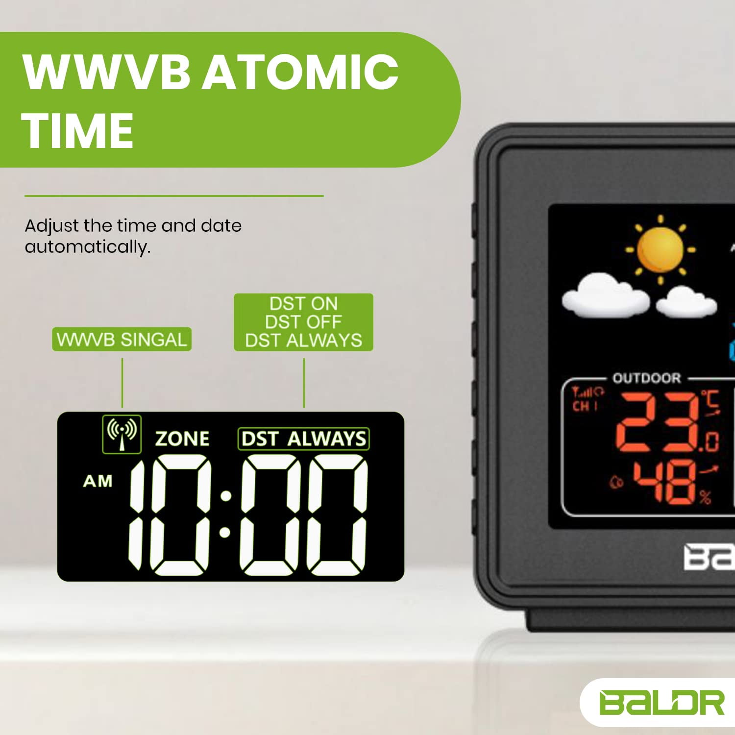 Baldr Atomic Digital Projection Alarm Clock with Ceiling Display, Calendar, and Indoor OutdoorTemperature with Remote Sensor