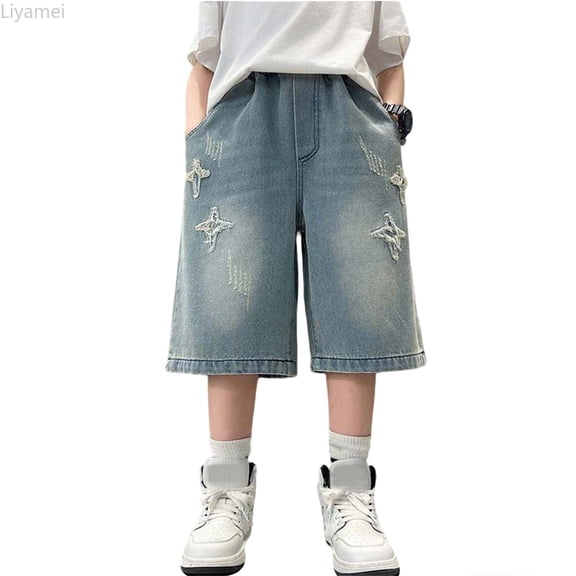 Liyamei Boys Denim Shorts with Straight Leg for Summer Streetwear Size 2-13,Blue