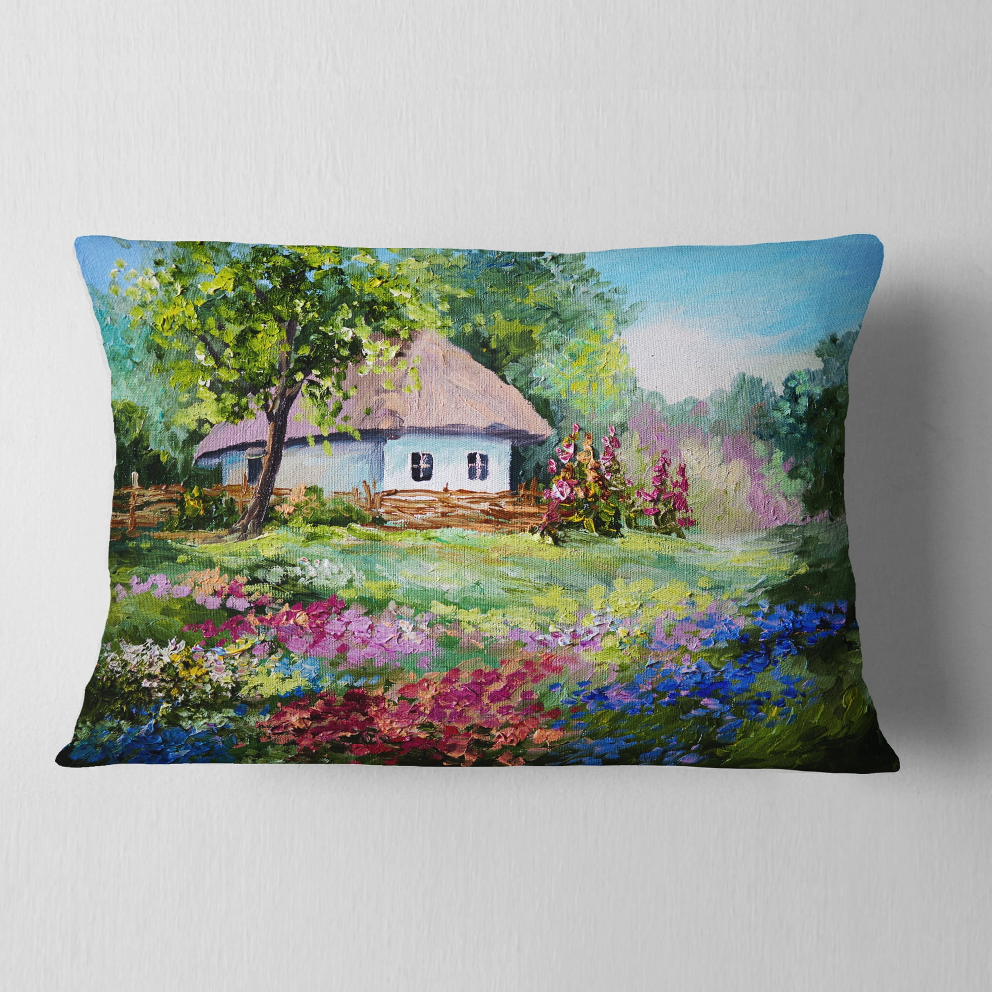 Designart House in the Village Oil Painting - Landscape Printed Throw Pillow - 12x20