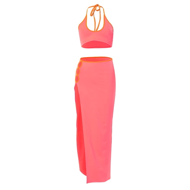 VISgogo Traje casual para mujer, sin mangas, sin espalda, con cuello halter y falda larga dividida de cintura alta VISgogo moda