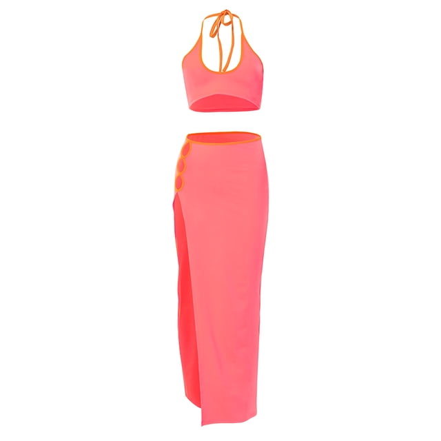 VISgogo Traje casual para mujer, sin mangas, sin espalda, con cuello halter y falda larga dividida de cintura alta VISgogo moda
