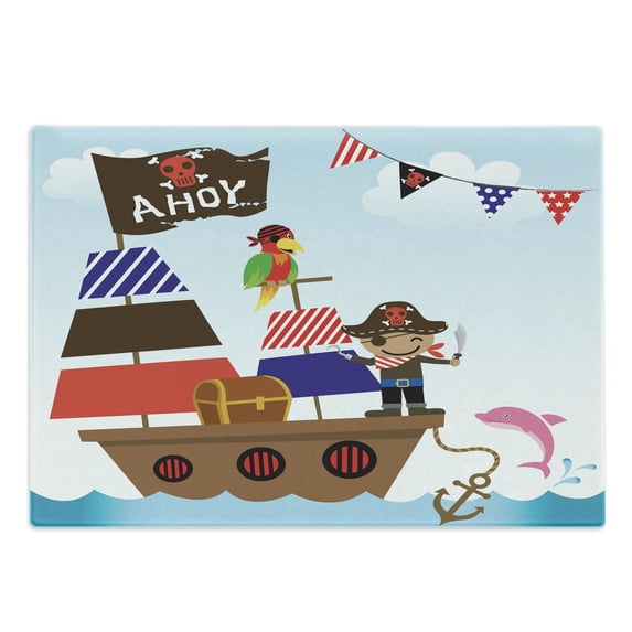 Ahoy Its a Boy Cutting Board, Pirate Treasure Chest Ship on Ocean Background Illustration, Decorative Tempered Glass Cutting and Serving Board, Large Size, Multicolor, by Ambesonne