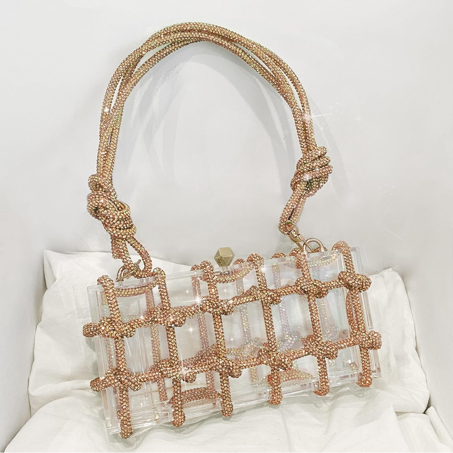 SQDWYGG Clear Acrylic Purse Bag with Rhinestones Clutch Purse Evening Clutches for Wedding and Party,1,1,1,Gold,Acrylic,Gold,Top-Handle Bag,Small