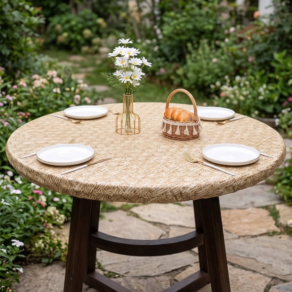 Round Fitted Vinyl Tablecloth - Elastic Edge Waterproof Table Cover for 45-56 Inch Tables, Wipeable and Spillproof for Indoor Outdoor Use