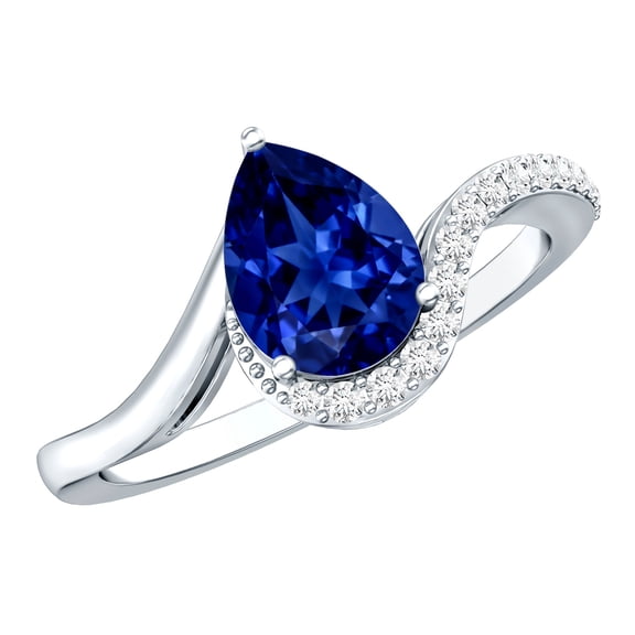 Rosec Jewels Lab Grown Blue Sapphire Pear Shaped Engagement Ring with Diamond - Bypass Ring (1.6 Ct - AAAA Quality Certified), 925 Sterling Silver, US 4.00