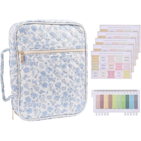 Blue Floral Bible Cover Case for Women Bible Tote Bags Organizer Quilted Carrying Case with Tags and Stickers Bible Study Supplies Multi-color