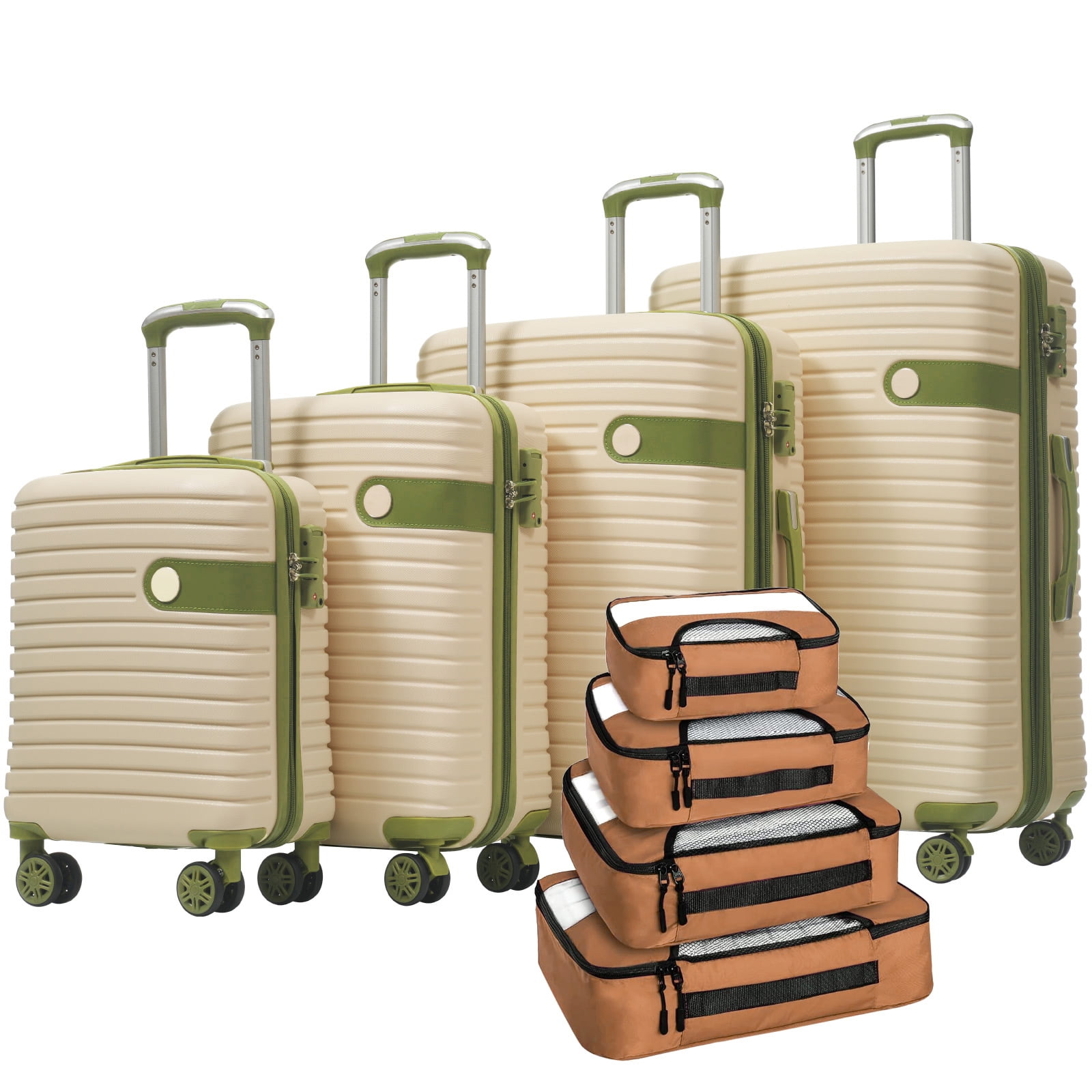 EUROCO 8 Piece Luggage Set, Expandable ABS Durable Suitcase Sets with 4 Packing Cubes,TSA Lock and Spinner Wheels,Lightweight Hardshell Travel Luggage Sets,White+Green