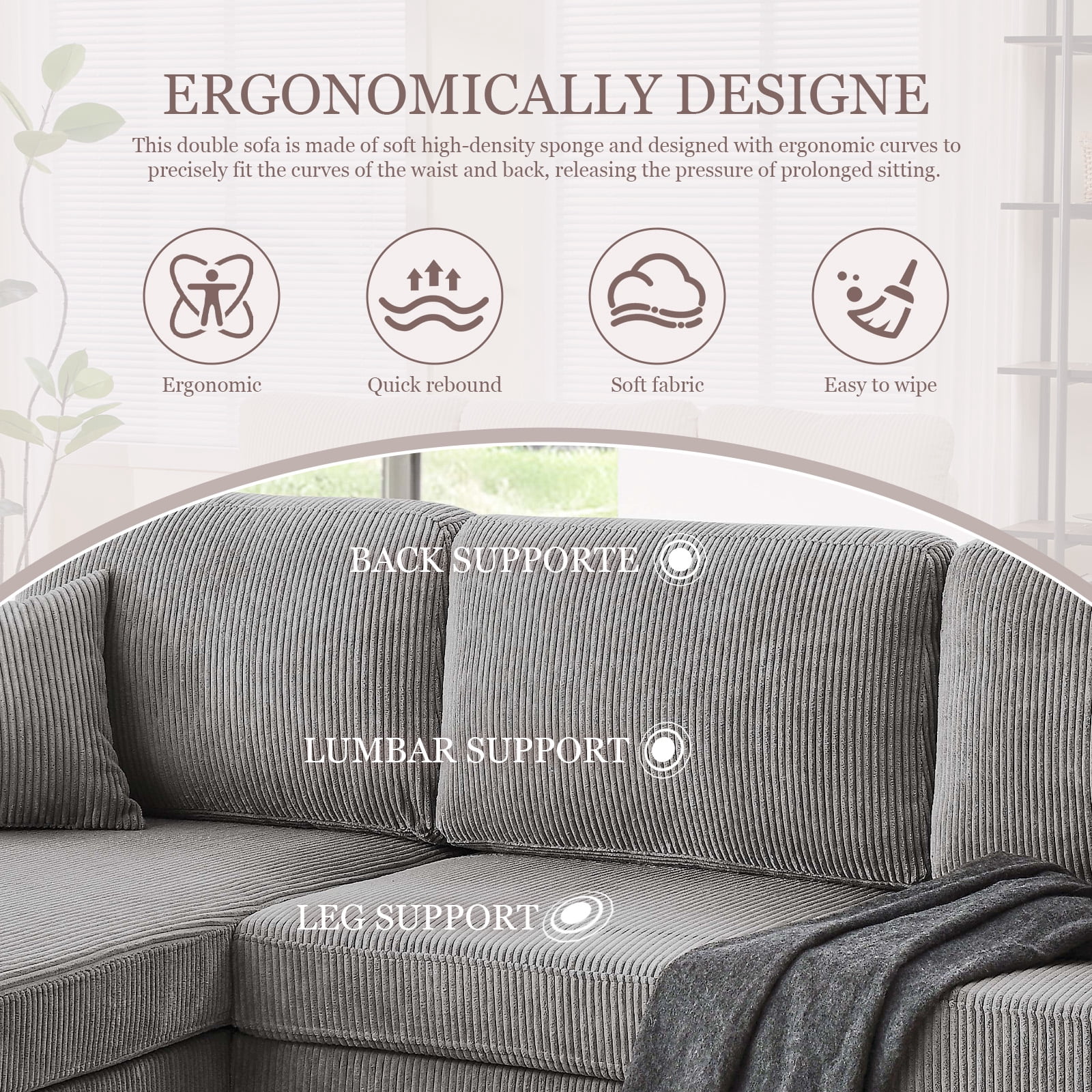 MOONMISS 93" Sectional Sofa , L-Shaped 3-Seat Sofa Couch with Chaise for Livingroom,Gray