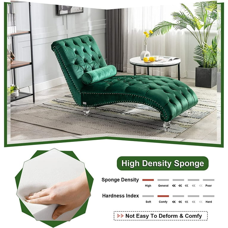 KINFFICT Velvet Chaise Lounge Chair with Toss Pillow Modern Tufted Button Lounge Chair Upholstered Indoor Chair for Living Room Bedroom Emerald