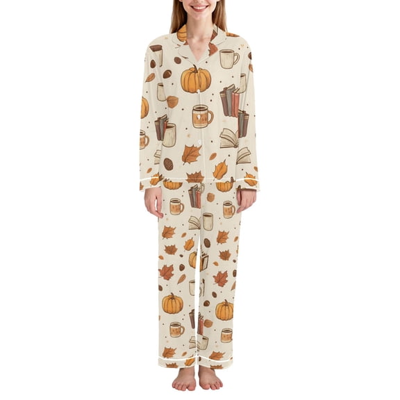 FORMRS Womens Pajama Set Long Sleeve Top and Pants with Pockets Soft Comfy Lounge Sleepwear, Sizes S-2XL, Fall Beige Pumpkin
