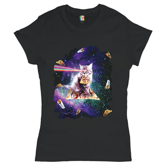 Tee Hunt Cat Firing Rainbow Laser Riding Pizza Slice In Space T-Shirt Weird Women's T-Shirt Tee