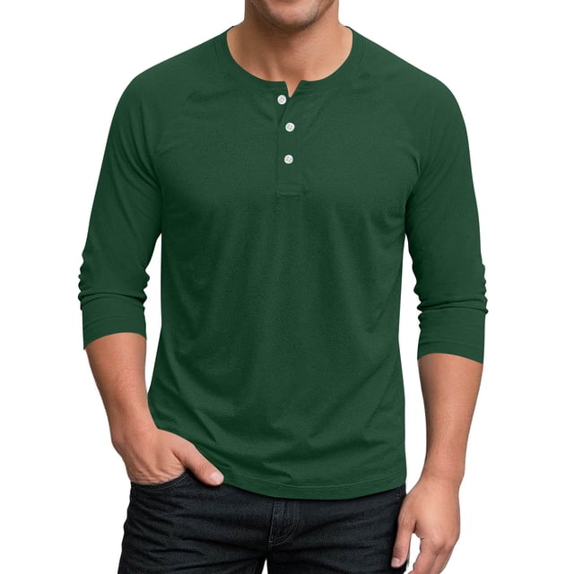 HAiming Men's 3/4 Sleeve Shirt Pullover Button Stretch T-Shirt Casual Sport Athletic Solid Color Basic Tee Tops