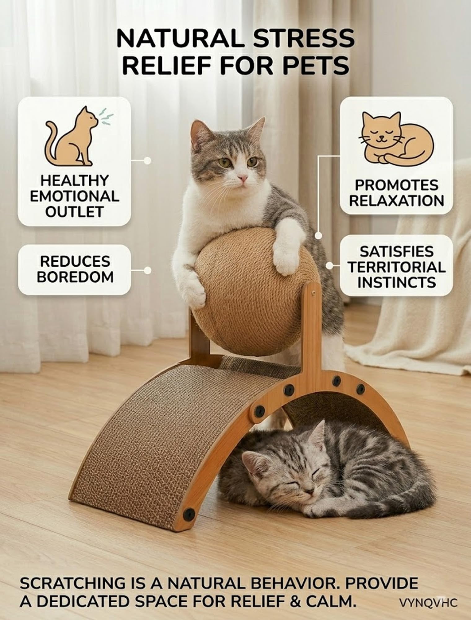 Cat Scratching Ball on Stand 2-in-1 Wood Cat Scratcher with Interactive Arch Bridge and Spinning Scratching Orb Indoor Cats Scratch Pad Furniture Protector
